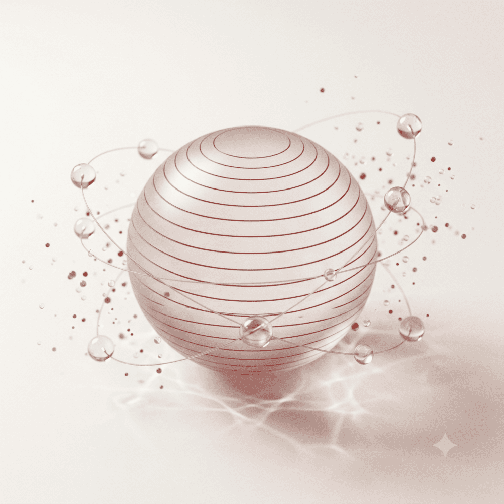 Glass sphere wrapped in red latitude lines
