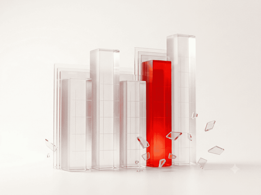 Glass prisms forming a bar chart, one lit red