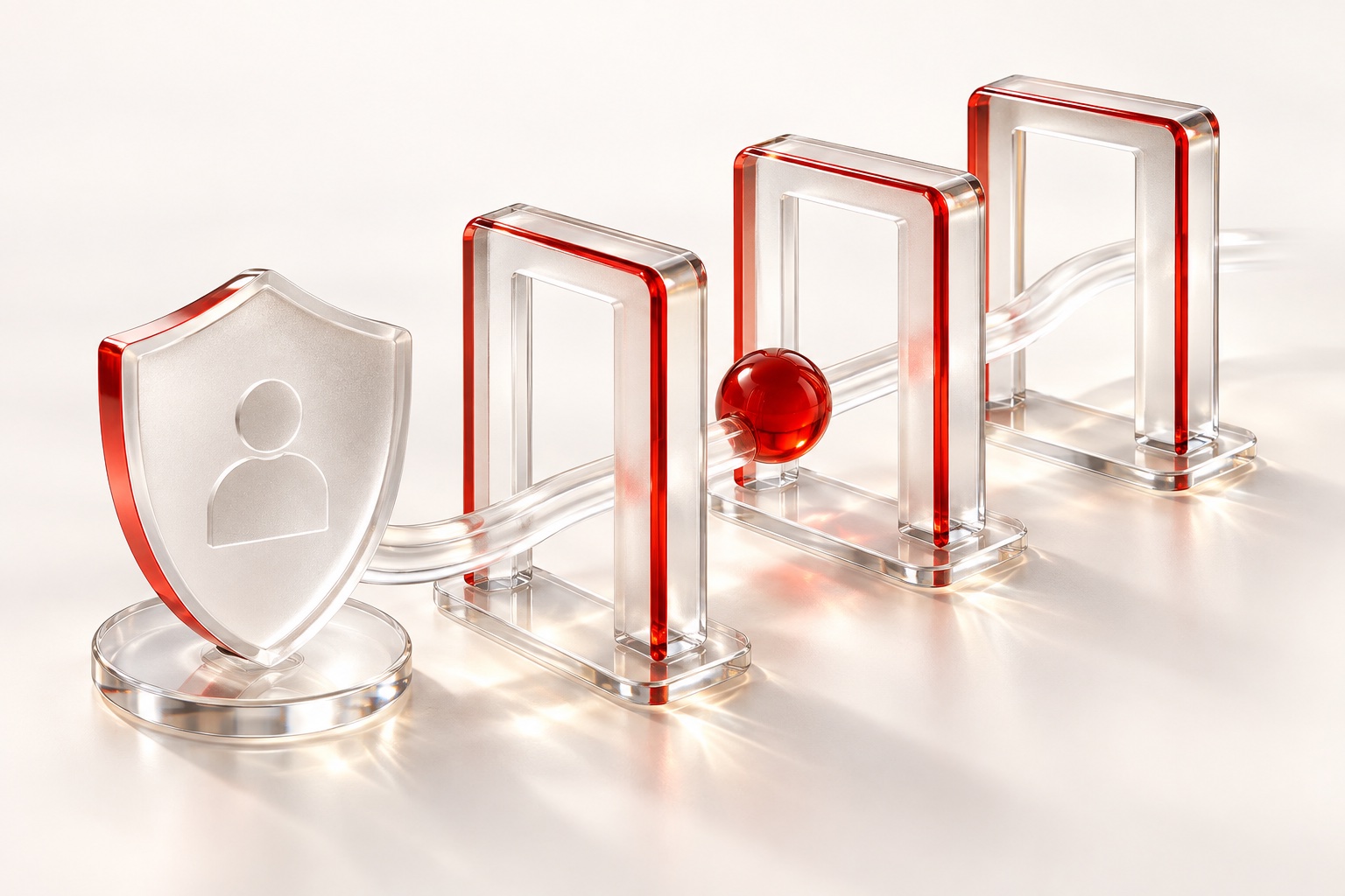 A red glass sphere passing through a series of bounded glass gateways.